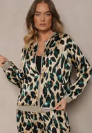 Kurtki damskie - ZIelono-Beżowa Panterkowa Kurtka w Stylu Bomberki Ozdobiona Ściągaczami Rinnovaria - miniaturka - grafika 1