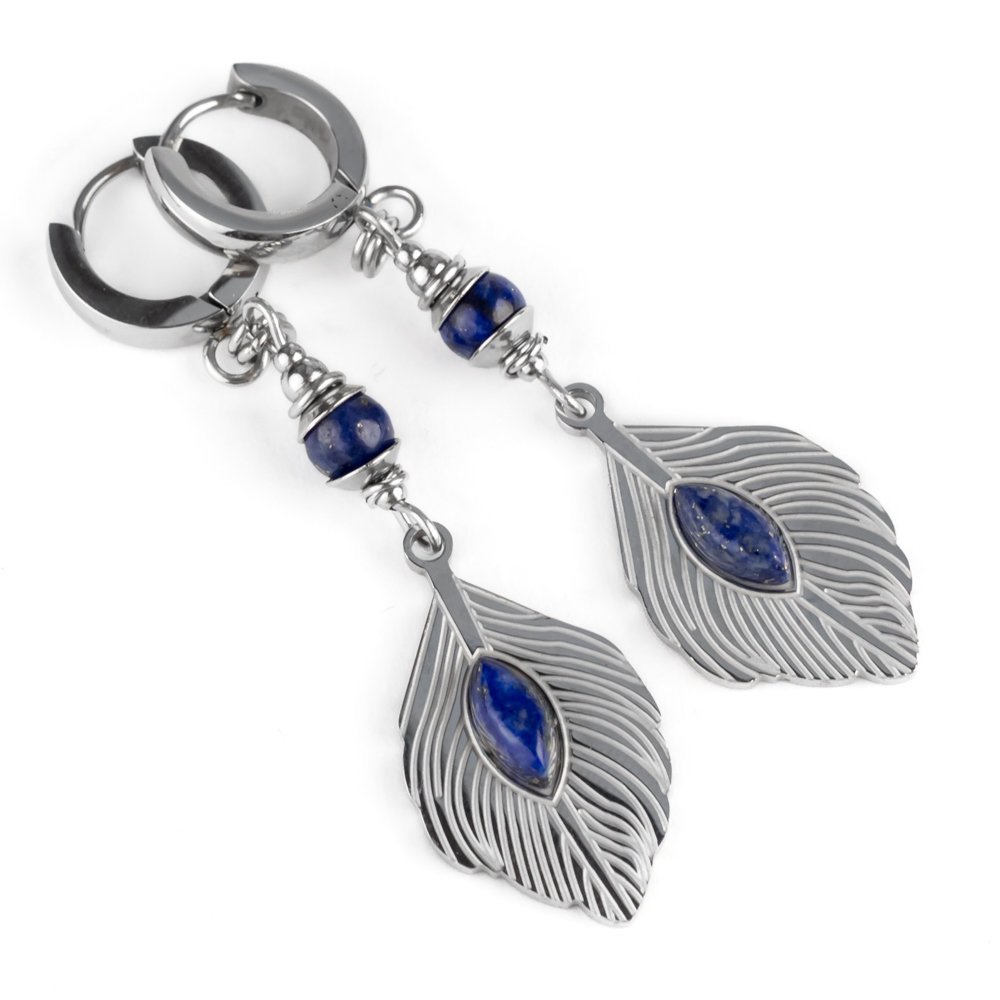 Kolczyki pawie pióra, lapis lazuli, stal chirurgiczna, długie, wiszące / JG. Projekt