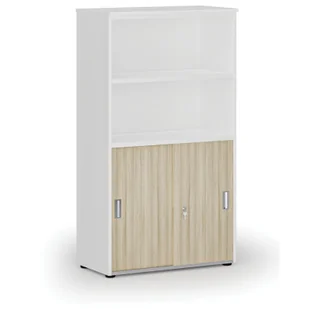 Szafa biurowa kombinowana PRIMO WHITE, drzwi przesuwne na 2 poziomach, 1434 x 800 x 420 mm, biały/dąb naturalny - Szafy biurowe - miniaturka - grafika 1