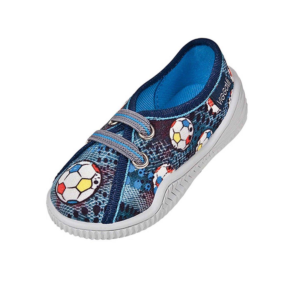 Chłopięce kapcie w gumkę z nadrukiem piłek niebieskie