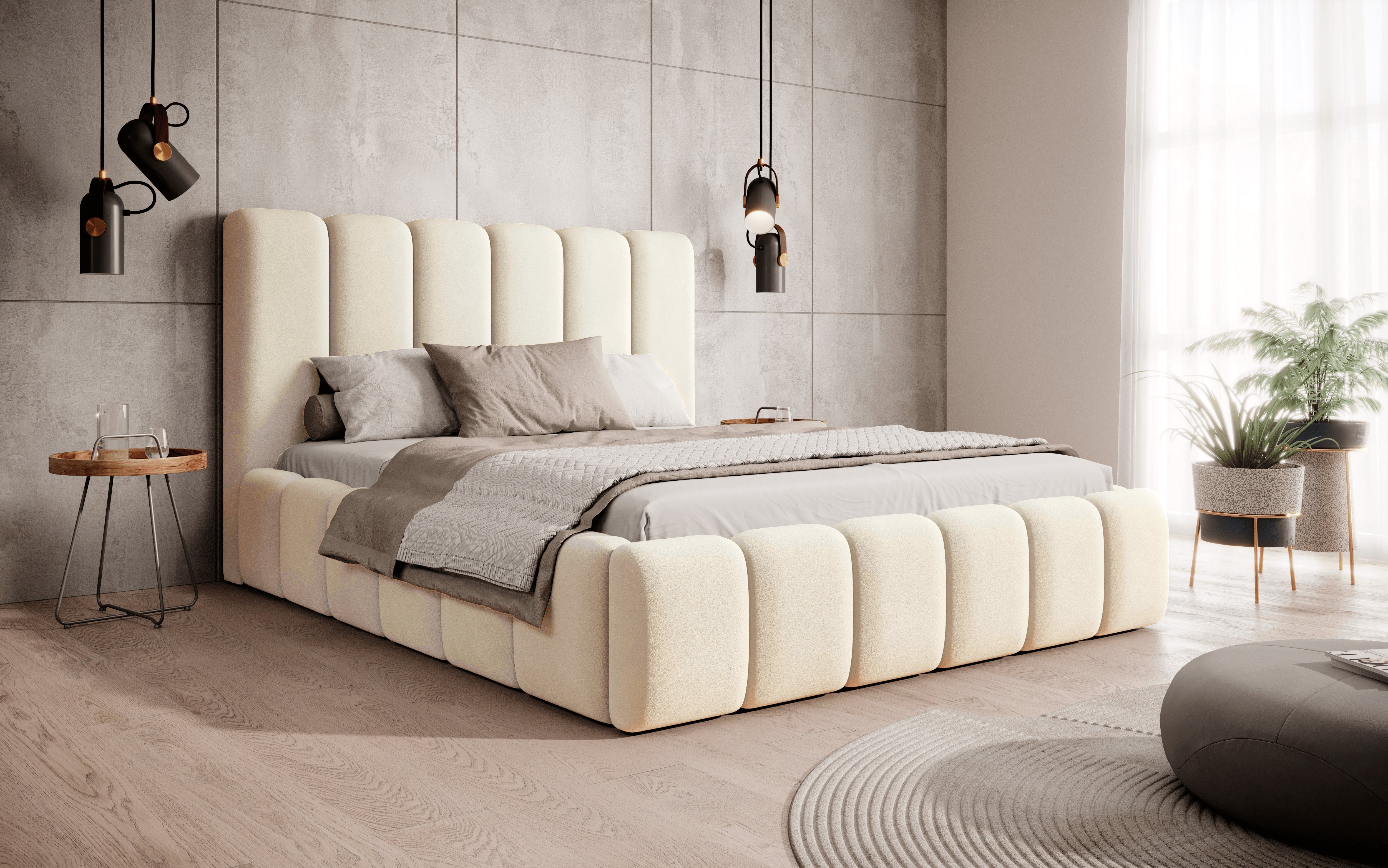 Łóżko tapicerowane Dream 200x200 - Designerskie łóżko z szafką nocną i stelażem z listew - Beige & Magic Velvet 2201