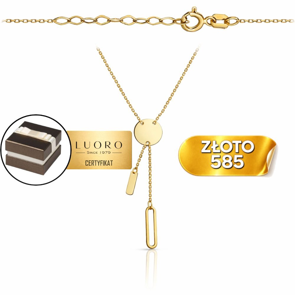 NASZYJNIK ZŁOTY 585 14K KRAWATKA Z BLASZKĄ KÓŁKO 42 CM REGULOWANY