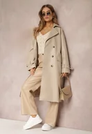 Płaszcze damskie - Jasnobeżowy Dwurzędowy Płaszcz z Imitacji Skóry z Paskiem Dyrine - miniaturka - grafika 1