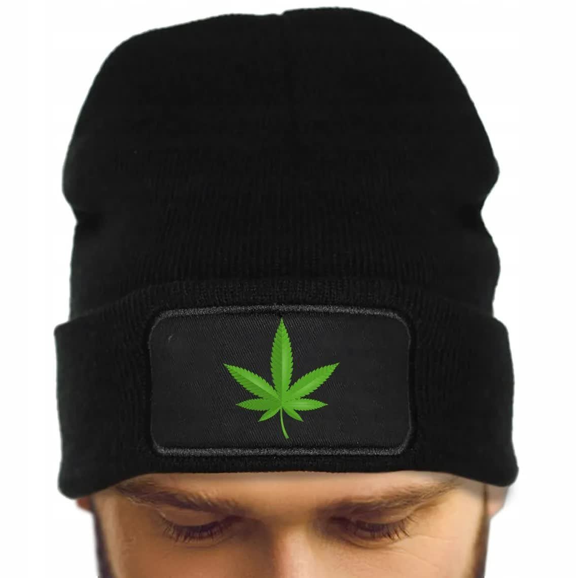 CZAPKA Jesienna BAWEŁNIANA ZIMOWA Ciepła CZARNA BEANIE CANNABIS Zioło Weed