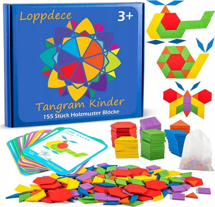 PUZZLE DREWNIANE TANGRAM 155 ELEMENTÓW + 24 KARTY EDUKACYJNA ZABAWKA