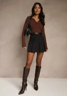 Spódnice - Czarna Spódnica z Wiskozą o Rozkloszowanym Kroju z Imitacją Kieszeni Talireina - miniaturka - grafika 1