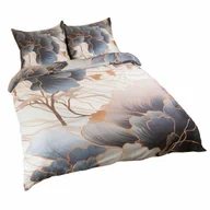 Pościel - Pościel satynowa 160x200 Kwiaty szara beżowa SATYNLOVE PREMIUM - miniaturka - grafika 1