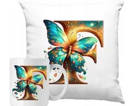 Gadżety dla niej i dla niego - ZESTAW PODUSZKA + KUBEK Litera F Motyl Imienna Pomysł Na Prezent +IMIĘ - miniaturka - grafika 1