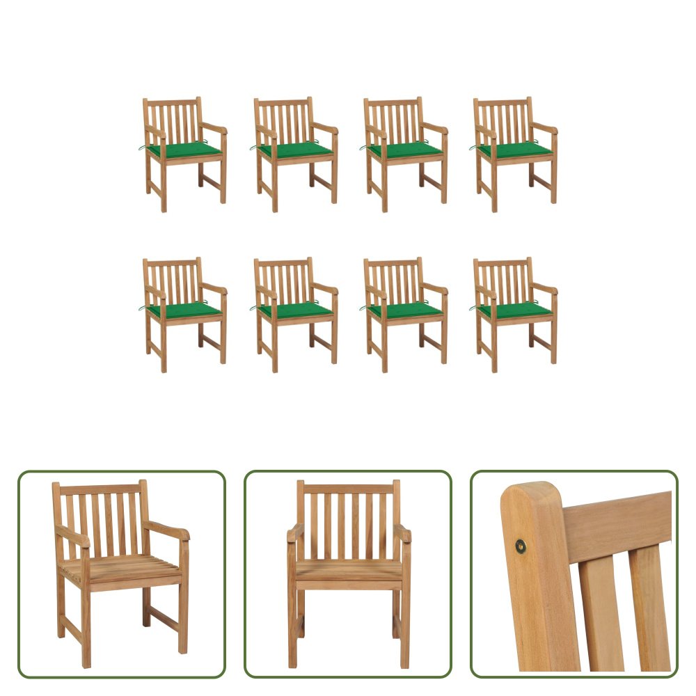 The Living Store krzesła ogrodowe 8 szt. z zielonymi poduszkami z litego drewna tekowego