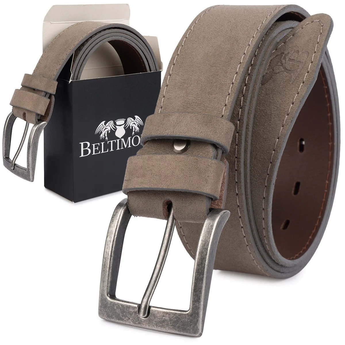 Pasek męski skórzany zamszowy szeroki 4cm klasyczny szary premium Beltimore
