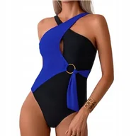 Stroje kąpielowe - JEDNOCZĘŚCIOWY STRÓJ KĄPIELOWY CZARNO-GRANATOWY MODNY KOBIECY LATO L - miniaturka - grafika 1