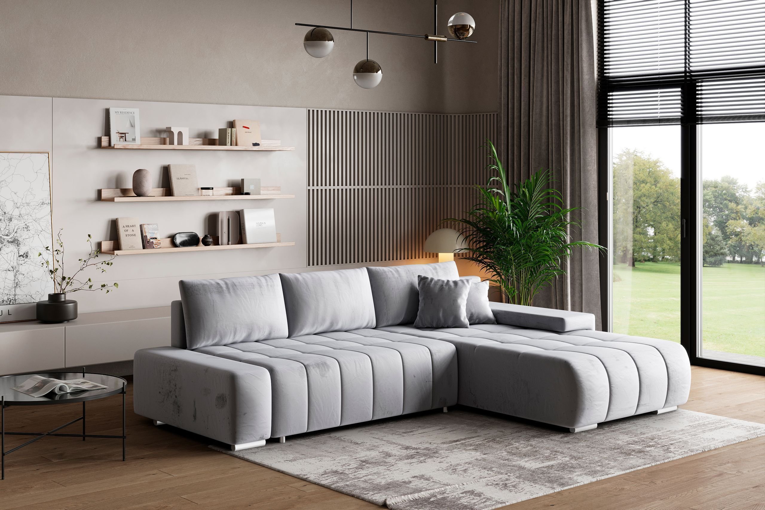 Masseno Narożnik ALESE R-S z funkcją spania i pojemnikiem na pościel Kształt L, Rozkładana sofa, Rogówka - Jasnoszary, MONOLITH 84