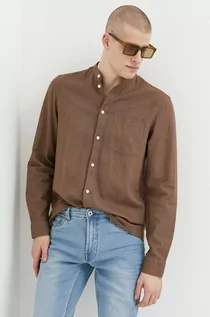 Koszule męskie - Solid koszula lniana kolor brązowy regular ze stójką - grafika 1
