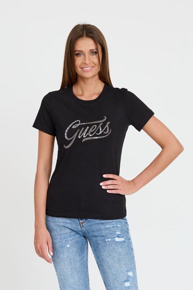 GUESS Czarny damski T-shirt bawełnany STONES&EMBRO TEE M