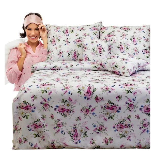 Komplet Pościeli 140x200 2x70/80 Wiosna-Jabłonka Biała Bawełniana