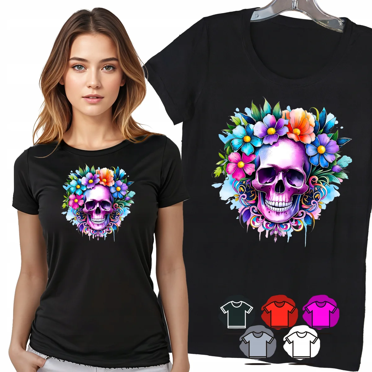 KOSZULKA DAMSKA T-SHIRT - CZASZKA TĘCZOWE KWIATY DAMSKI WZÓR MODNY - M