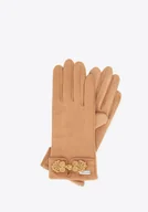 Rękawiczki - Damskie rękawiczki z dekoracyjnym akcentem jasny brąz - miniaturka - grafika 1