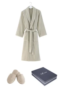 Unisex szlafrok MICRO COTTON w ozdobnym opakowaniu + kapcie M + kapcie (36/38) + w pudełku Jasnobeżowy - Szlafroki męskie - miniaturka - grafika 1