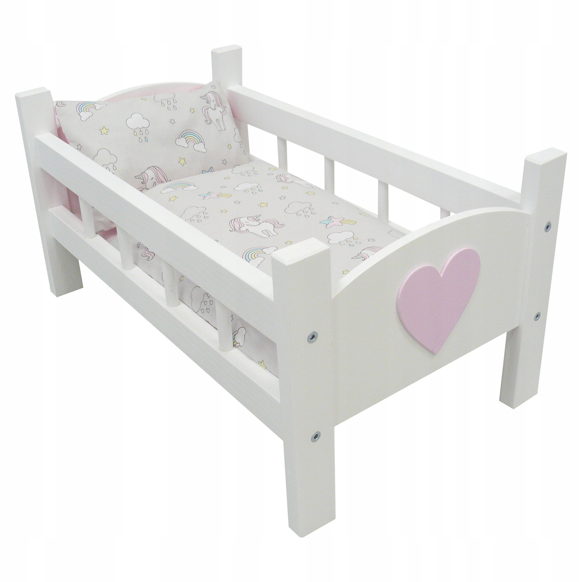 Drewniane Łózeczko Dla Lalek Białe Pościel Jednorożec Pokój Dziecięcy