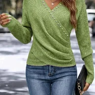 Swetry damskie - TEMU Damski Wiosenno-Jesienny Casualowy Elegancki Sweter z Perłami, Krzyżowym Dekoltem V, Marszczonym, Dopasowanym, Długi Rękaw, Jednokolorowy Top - miniaturka - grafika 1