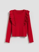 Bluzki dla dziewczynek - Reserved - Prążkowana bluzka z falbanką - czerwony - miniaturka - grafika 1