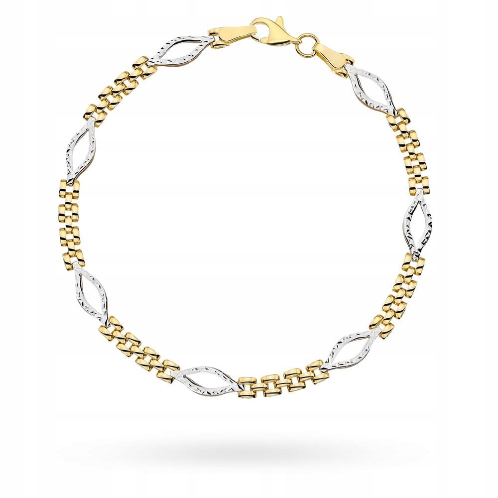 Bransoletka złota 585 z diamentowanymi listkami w dwóch kolorach złota 14k