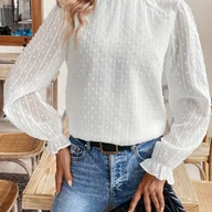 Koszule damskie - TEMU Biała Bluzka z Krótkim Kołnierzykiem w Stylu Francuskiego Szwajcarskiego Poinçon () – Długi Rękaw, Koronkowy Panel Przypominający Smocka, - miniaturka - grafika 1