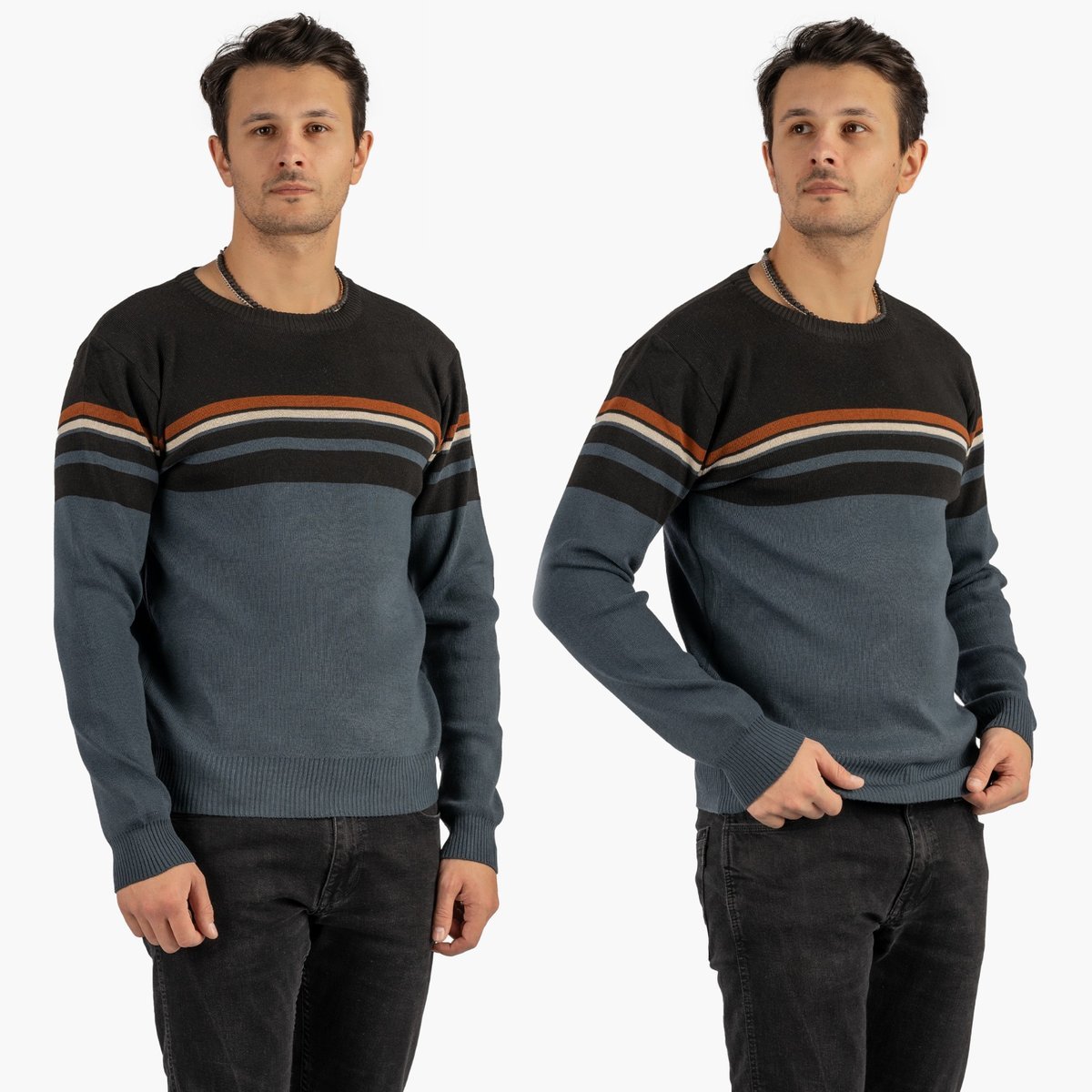 Sweter Męski Klasyczny Elegancki Wygodny Okrągły Dekolt Czarny W Paski MUST Czarny XXL