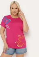 Koszulki i topy damskie - Ciemnoróżowy Klasyczny T-shirt z Bawełny Ozdobiony Nadrukiem i Cyrkoniami Kristinae - miniaturka - grafika 1