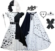 Dodatki do strojów karnawałowych - Strój Kostium Przebranie Sukienka Cruella De Mon 101 Dalmatyńczyków Rękawiczki Cosplay Peruka 122/128 Cm - miniaturka - grafika 1