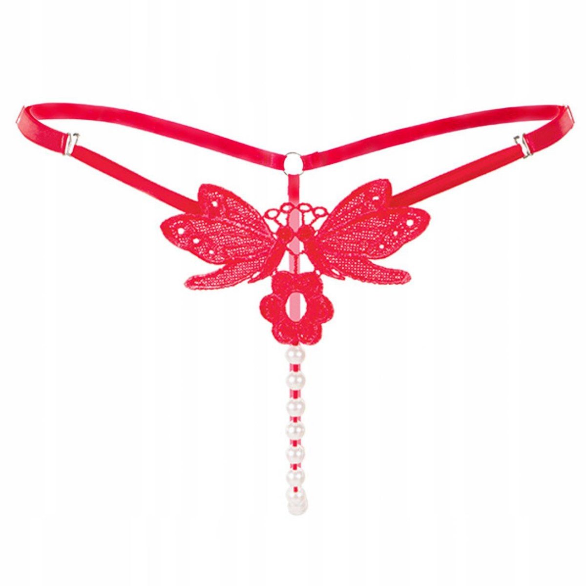 Stringi koronkowe czerwone paseczki perełki - S/M