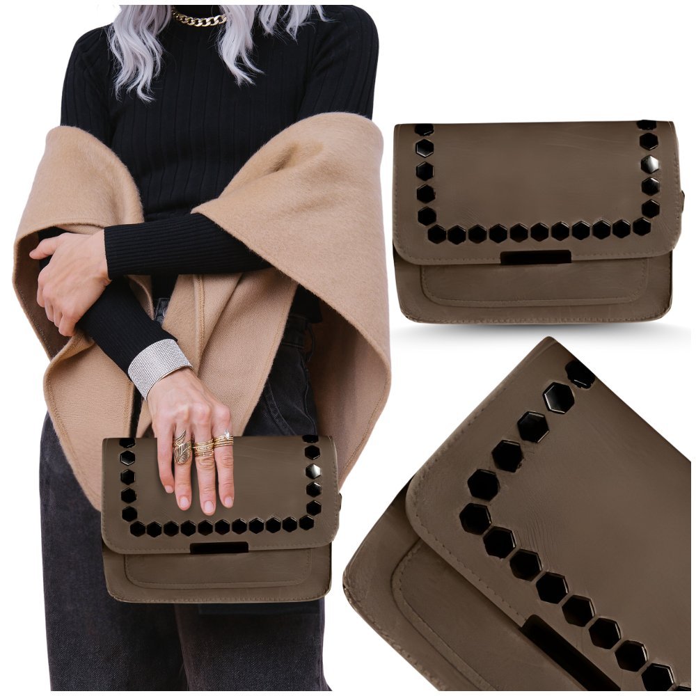 Mała torebka listonoszka kopertówka brązowa skórzana z dżetami cyrkonie