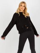 Swetry damskie - Sweter asymetryczny czarny casual dekolt stójka rękaw długi długość krótka dziury - miniaturka - grafika 1