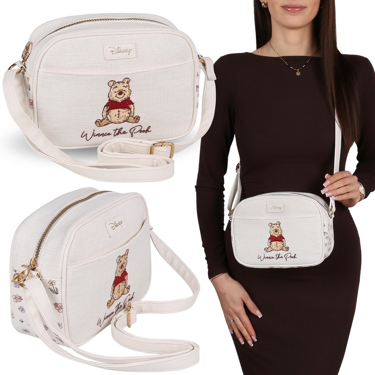 DISNEY Kubuś Puchatek LNIANA torebka damska, mała torebka z regulowanym paskiem 21x16x8 cm