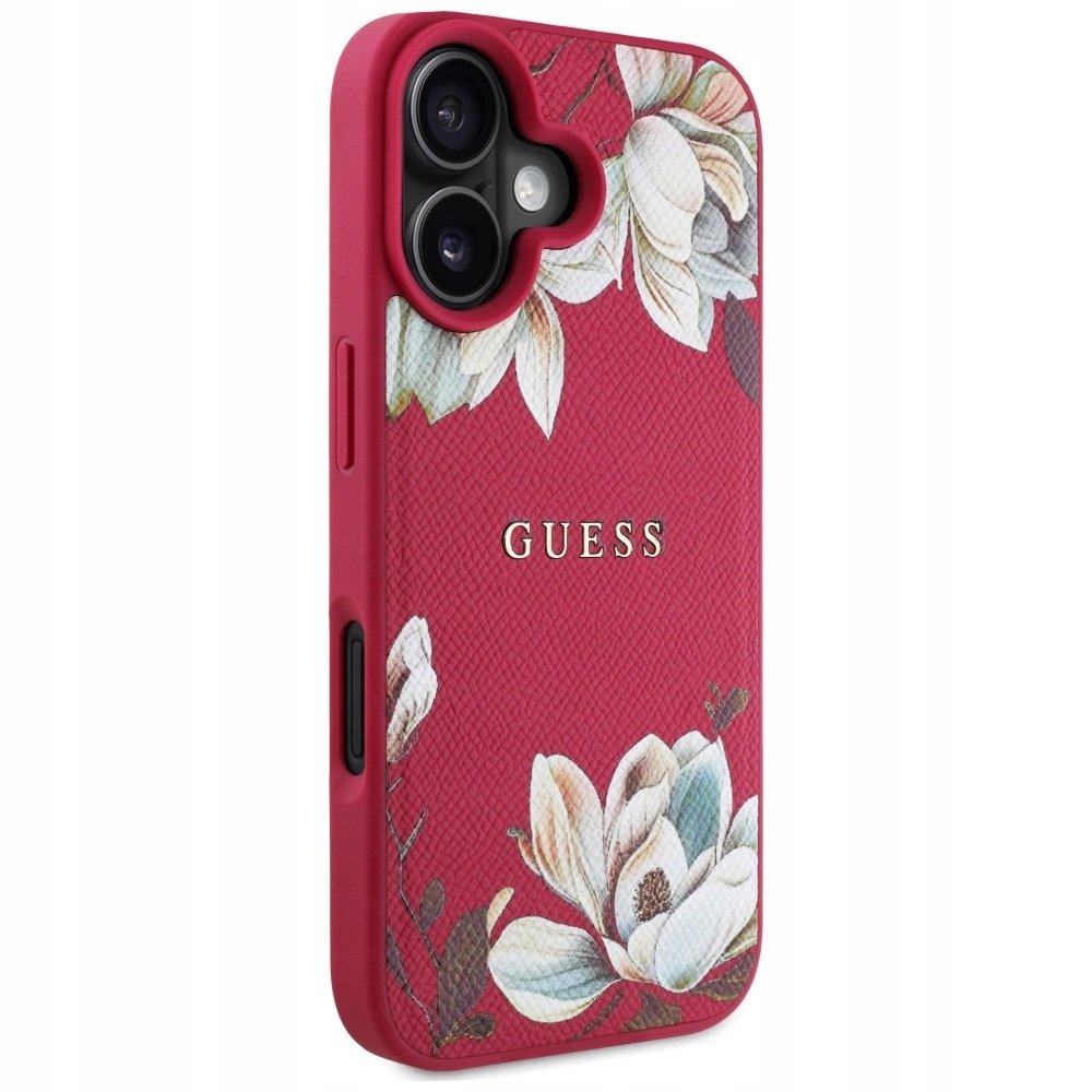 Guess Etui Grained Flower Pattern do MagSafe do iPhone 16, fuksja z kwiecistym wzorem