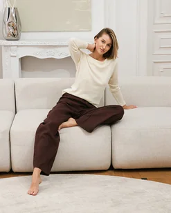 Spodnie lniane czekoladowe - Spodnie sportowe damskie Spodnie lniane czekoladowe - Spodnie sportowe damskie - miniaturka - grafika 1
