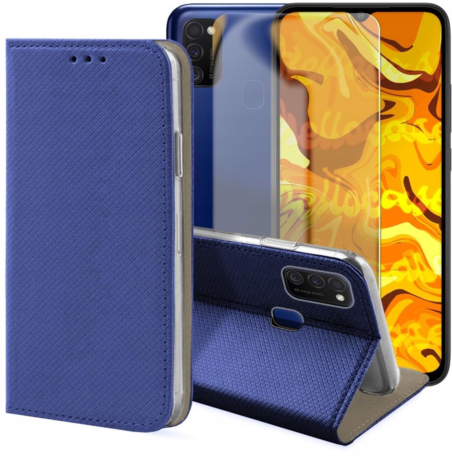 Hello Case Etui z Klapką Do Samsung Galaxy M21 Granatowe, Magnetyczne, Case Szkło