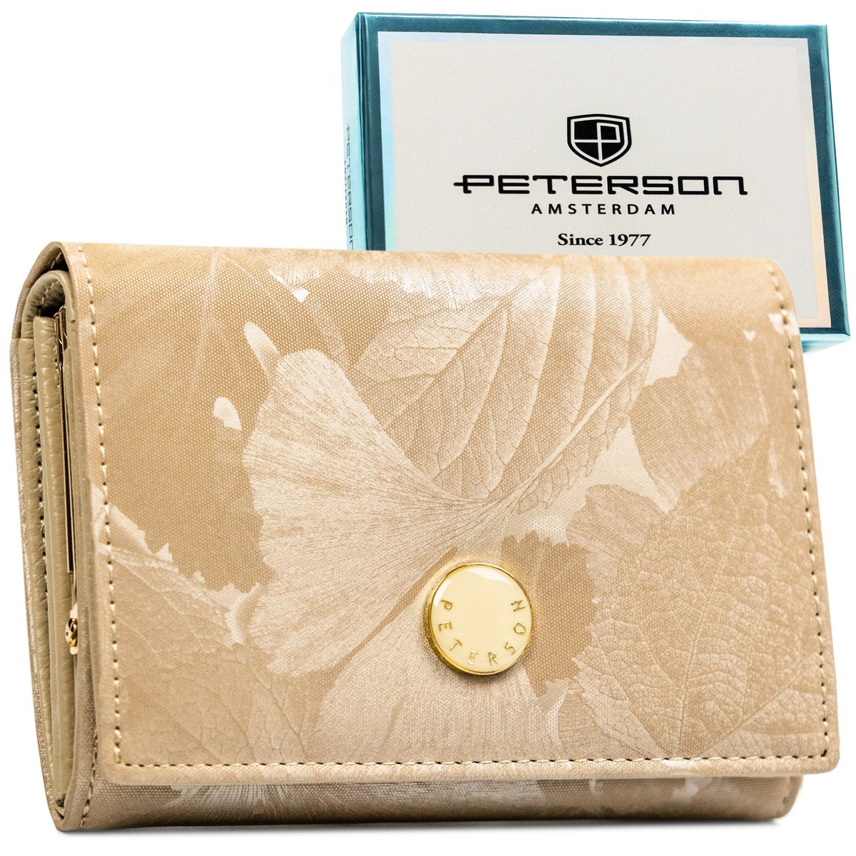 Portfel damski skórzany PETERSON ochrona RFID STOP mały beżowy modny kwiatowy wzór na zatrzask
