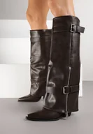 Kozaki damskie - Brązowe Kozaki na Stożkowym Obcasie z Wywiniętą Cholewką Klamrami i Suwakiem Ernenta - miniaturka - grafika 1