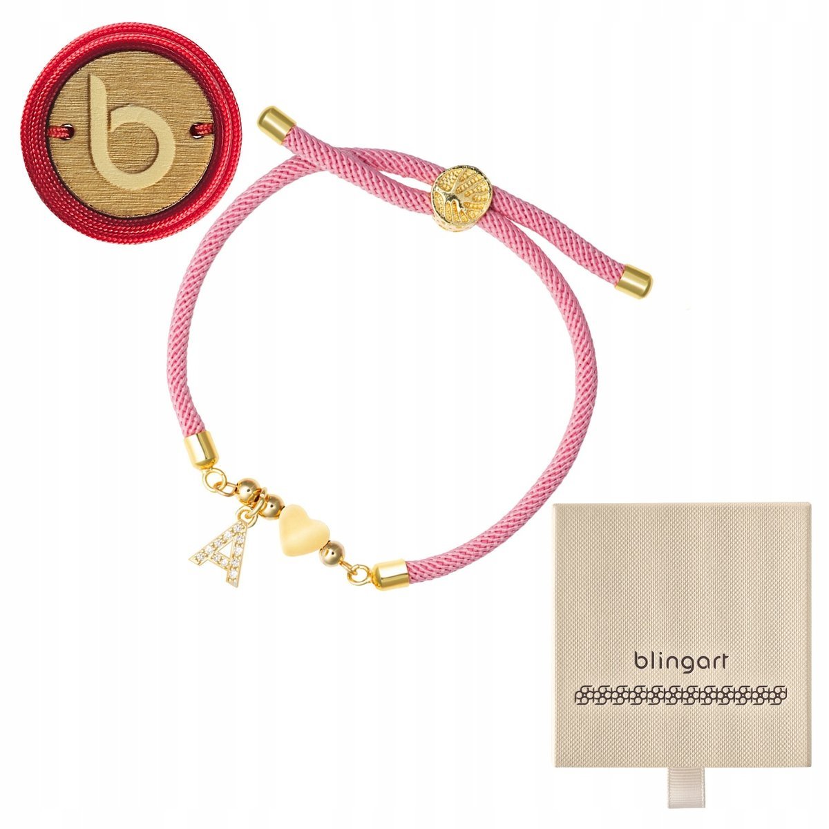 Bransoletka sznurkowa LITERKI serduszko RÓŻOWA regulowana LITERA BLINGART