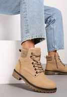 Botki damskie - Ciemnobeżowe Płaskie Klasyczne Traperki ze Sznurowaniem Lobanne - miniaturka - grafika 1