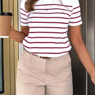 Bluzki damskie - TEMU Prosta koszulka z krótkim rękawem i okrągłym dekoltem, w klasycznym biało-czerwonym wzorze w paski, oddając swobodny i stylowy nastrój. - miniaturka - grafika 1