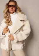 Kurtki damskie - Jasnobeżowa Kurtka Ramoneska z Futerkiem Mysteri - miniaturka - grafika 1