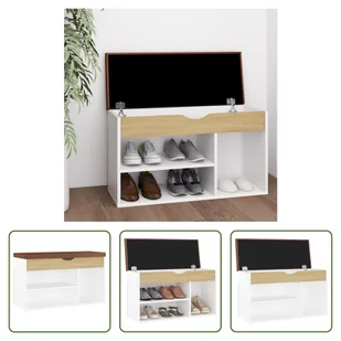 The Living Store Ławka na buty z poduszką dąb sonoma biały 80x30x47cm Materiał drewnopochodny - Szafki na buty - miniaturka - grafika 1