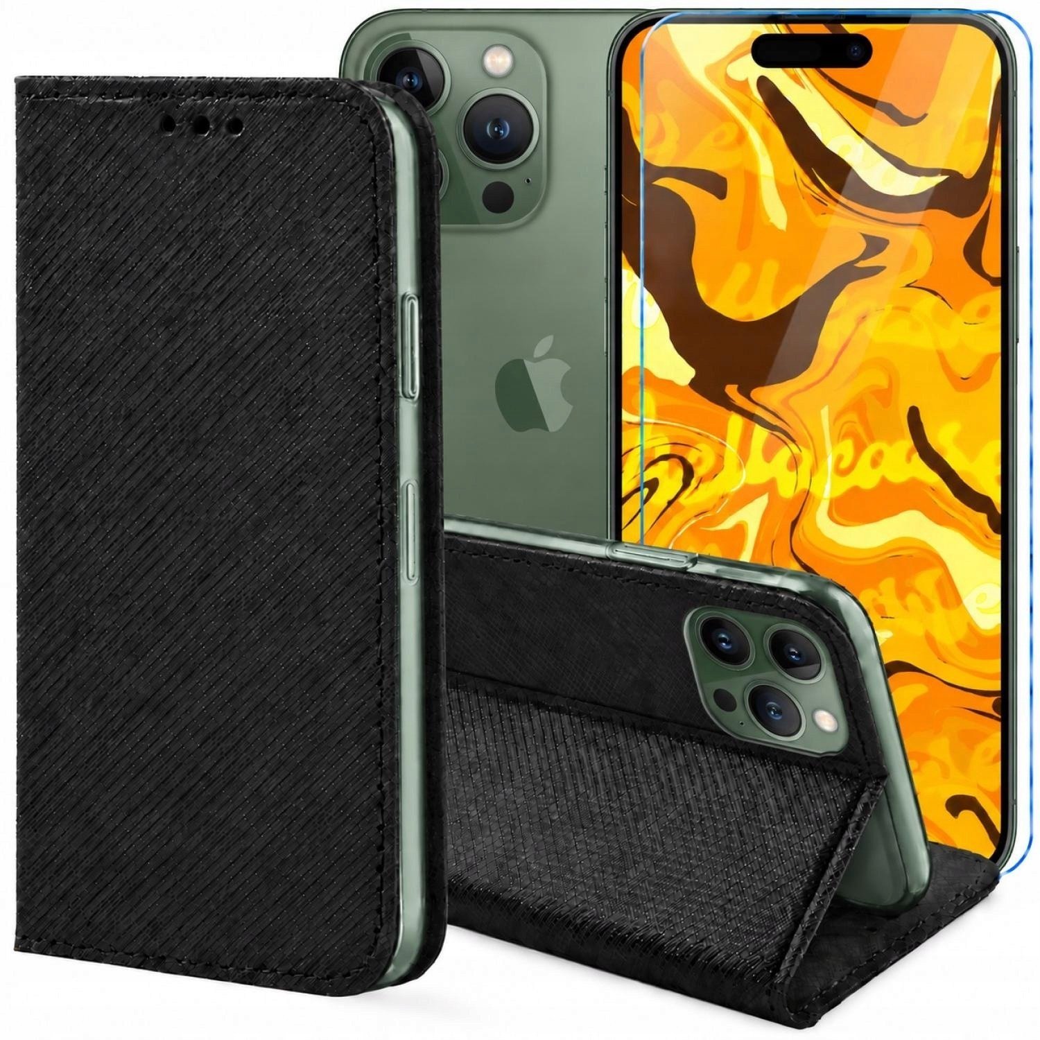 Hello Case Etui z Klapką Do Apple iPhone 15 Pro Max Czarne, Zamykane, Kabura Szkło BNDL3378