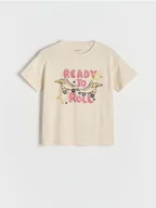 Koszulki dla dziewczynek - Reserved - Bawełniany t-shirt z nadrukiem - beżowy - miniaturka - grafika 1