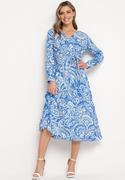 Sukienki - Niebiesko-Biała Wiskozowa Sukienka Midi z Wzorem Paisley i Wiązanym Paskiem Larniella - miniaturka - grafika 1
