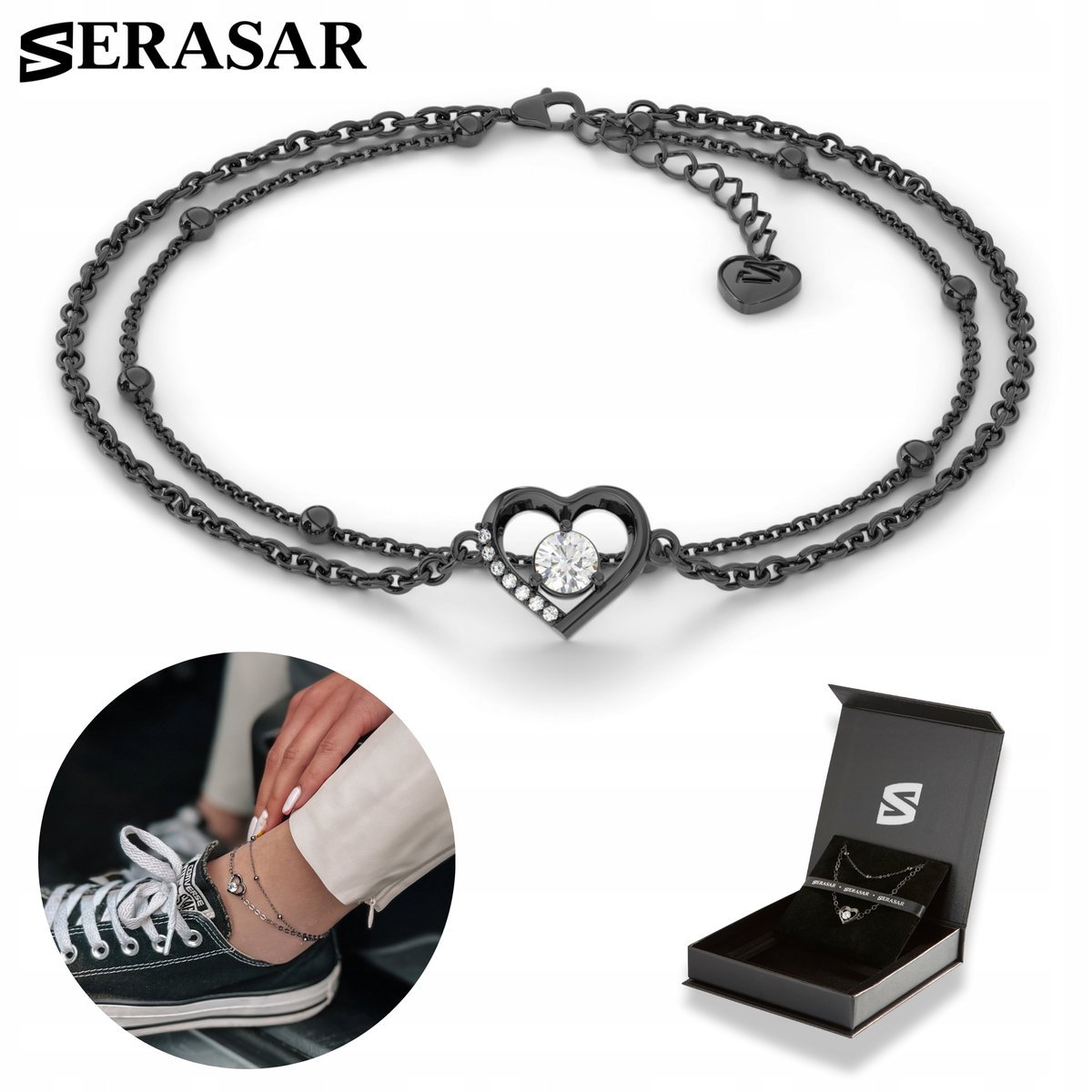 SERASAR, bransoletka na kostkę ze srebra próby 925 dla kobiet z napisem „Heart” wykonana z 18-karatowego złota, regulowana długość, kolor czarny, w ..