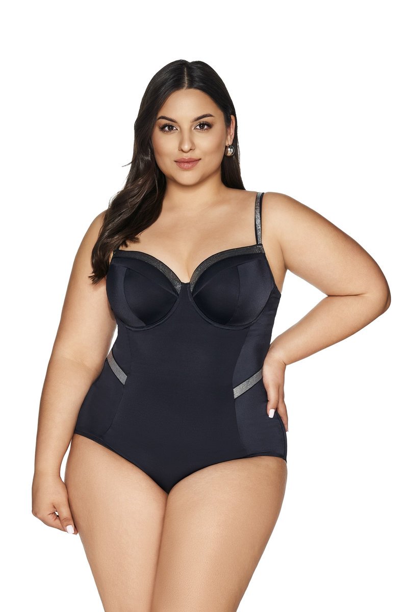 Strój kąpielowy jednoczęściowy full cup SKJ 63 usztywniany czarny ze srebrną taśmą 90E