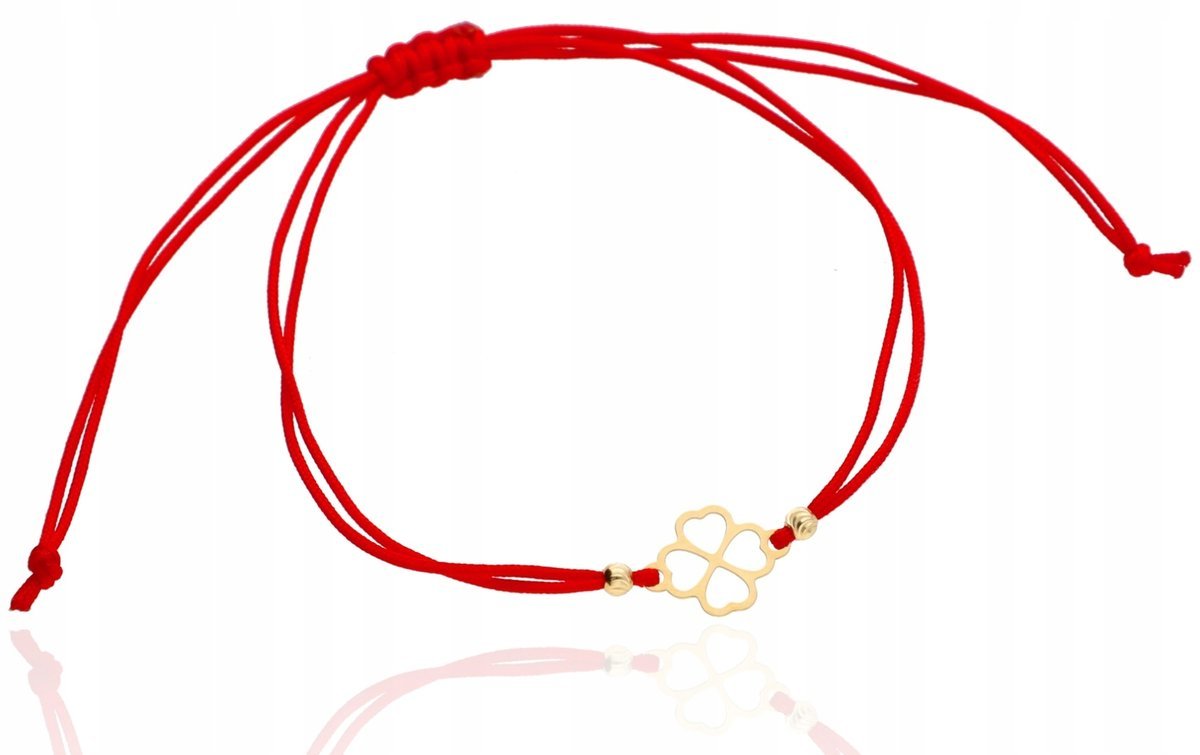 Złota bransoletka koniczynka na szczęście sznurkowa złoto 585